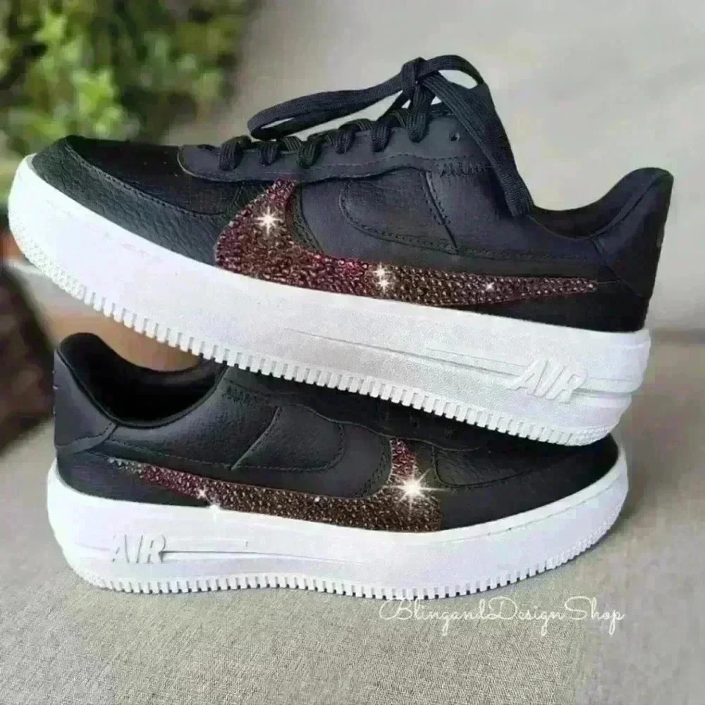Womens Bling Nike Air Force 1 PLT.AF.ORM Black White Shoes Custom with Crystals - Picture 3 of 10